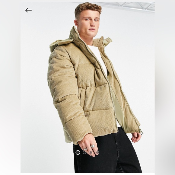 [Moving Sale] ASOS DESIGN cord puffer jacket with removable hood in tan - Picture 1 of 4